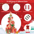 5.6FT Lighted Gift Box Tower, 15 Pre-Lit Stacked Boxes with 450 Warm White Lights, Metal Base & Ribbons, Indoor/Outdoor Christmas Light-Up Decoration