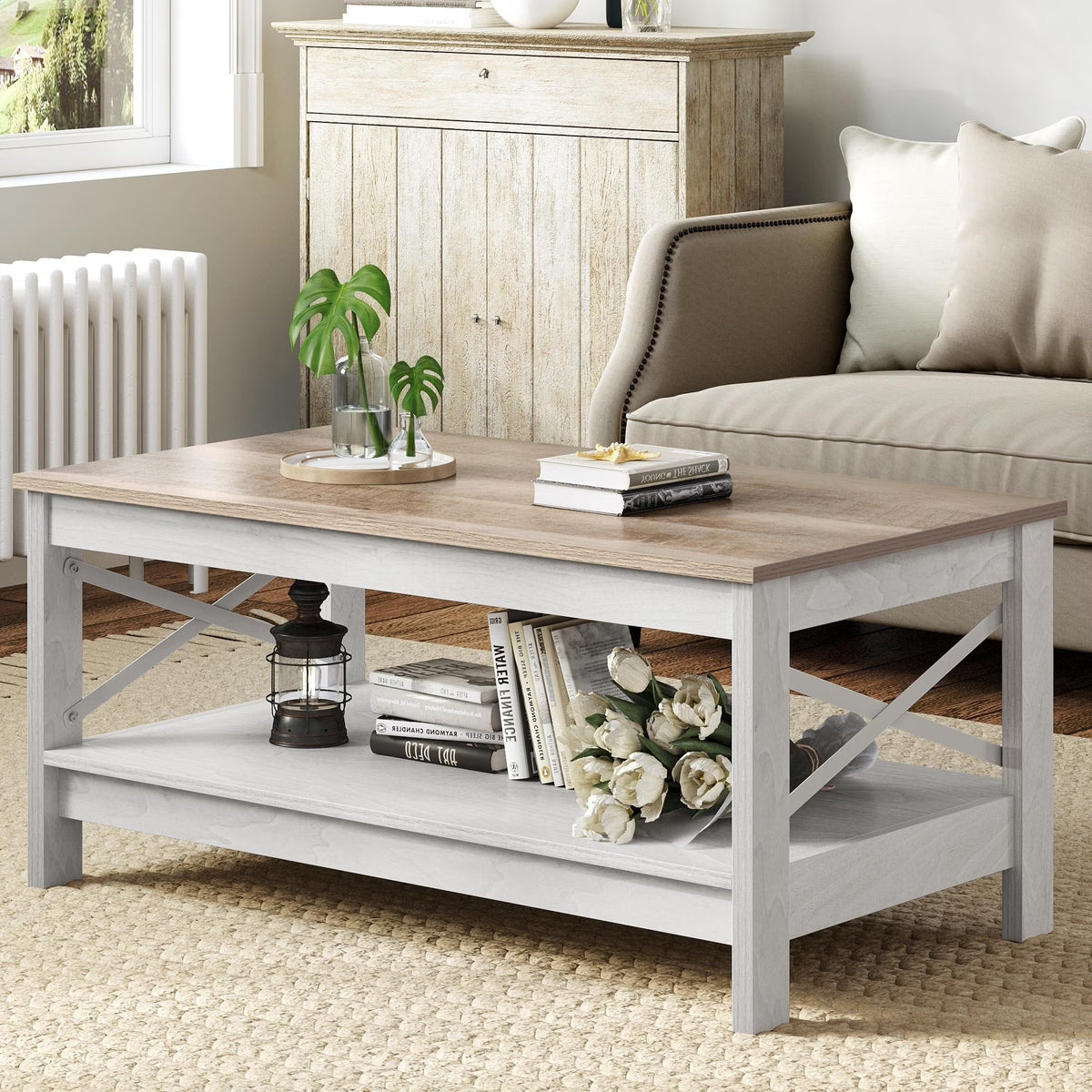 Moasis Farmhouse Coffee Table with Storage 2 - Tier Center Table for Living Room Grey Wash Top+White
