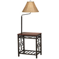 Regency Hill Travata Rustic Vintage Floor Lamp with End Table 54" Tall Bronze Scrollwork Swing Arm Burlap Fabric Empire Shade for Living Room Reading