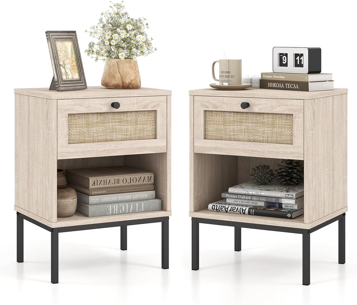 Boho Rattan End Table Nightstand Set of 2 with Drawer, Open Storage Shelf, Living Room, Bedroom, Oak