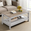 Moasis Farmhouse Coffee Table with Storage 2 - Tier Center Table for Living Room Grey Wash Top+White