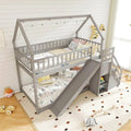 Twin Over Twin Bunk Bed House Design with Slide, Staircases & Storage Compartments, No Box Spring Needed, Wood Twin Floor Bed for Kids Teens