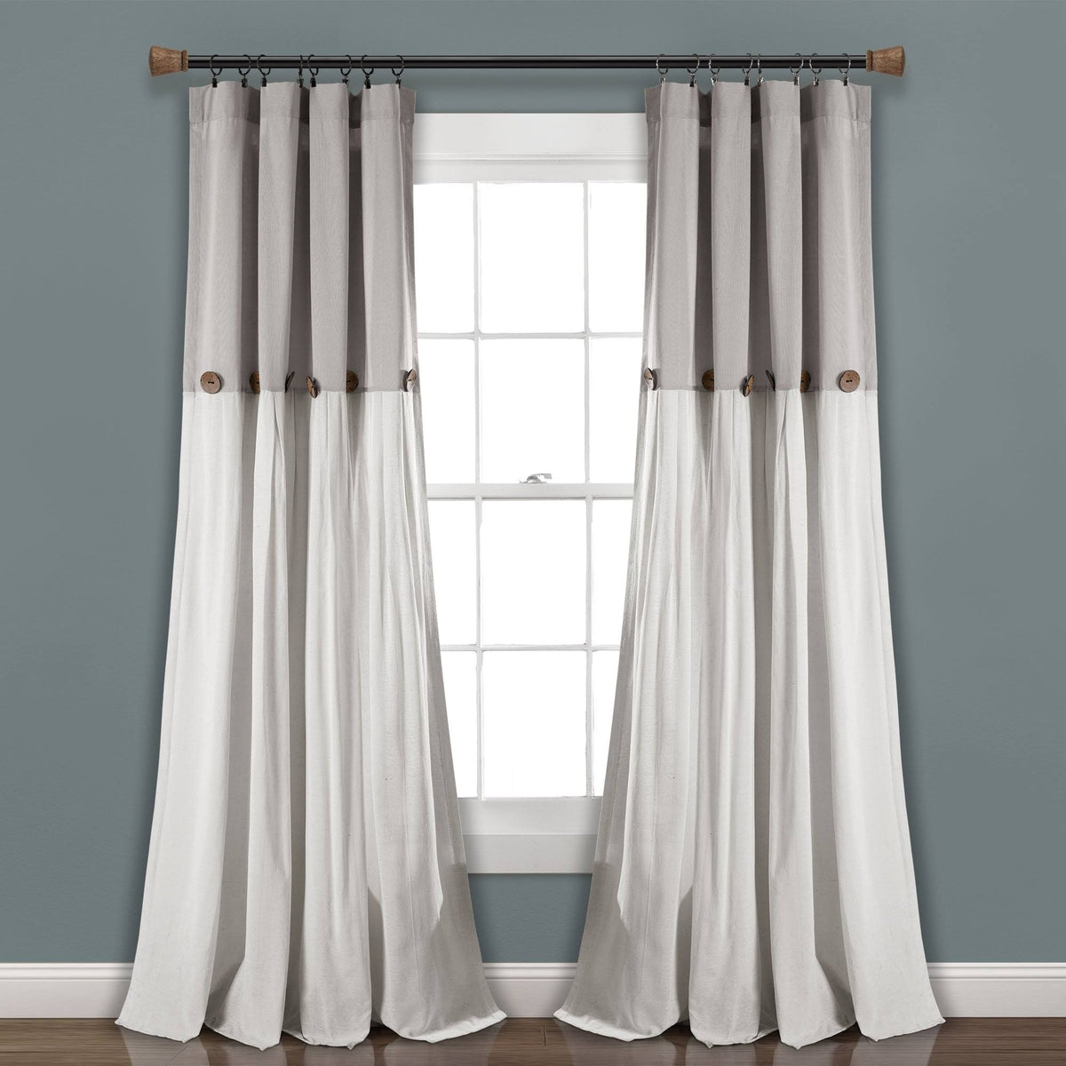 Lush Decor Linen Button Window Curtain Panel - 84", Single, Gray/White