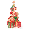 5.6FT Lighted Gift Box Tower, 15 Pre-Lit Stacked Boxes with 450 Warm White Lights, Metal Base & Ribbons, Indoor/Outdoor Christmas Light-Up Decoration