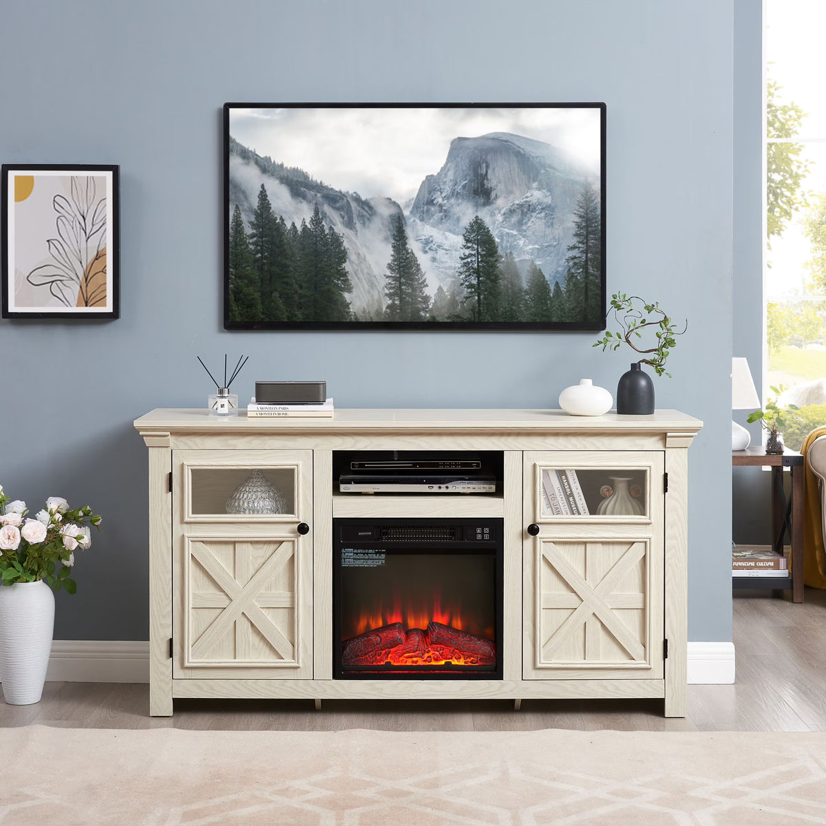 60" Farmhouse Fireplace TV Stand for Tvs up to 70 in, Entertainment Center with 18" Electric Fireplace, Rustic TV with Glass Barn Doors for Living Room, Adjustable Shelf