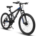 24 in Dual/Front Suspension Mens Womens Mountain Bike, 21 Speeds Dual Disc Brake, High - Carbon Steel Frame, Trail Beach Snow Commuter City Bikes, Black