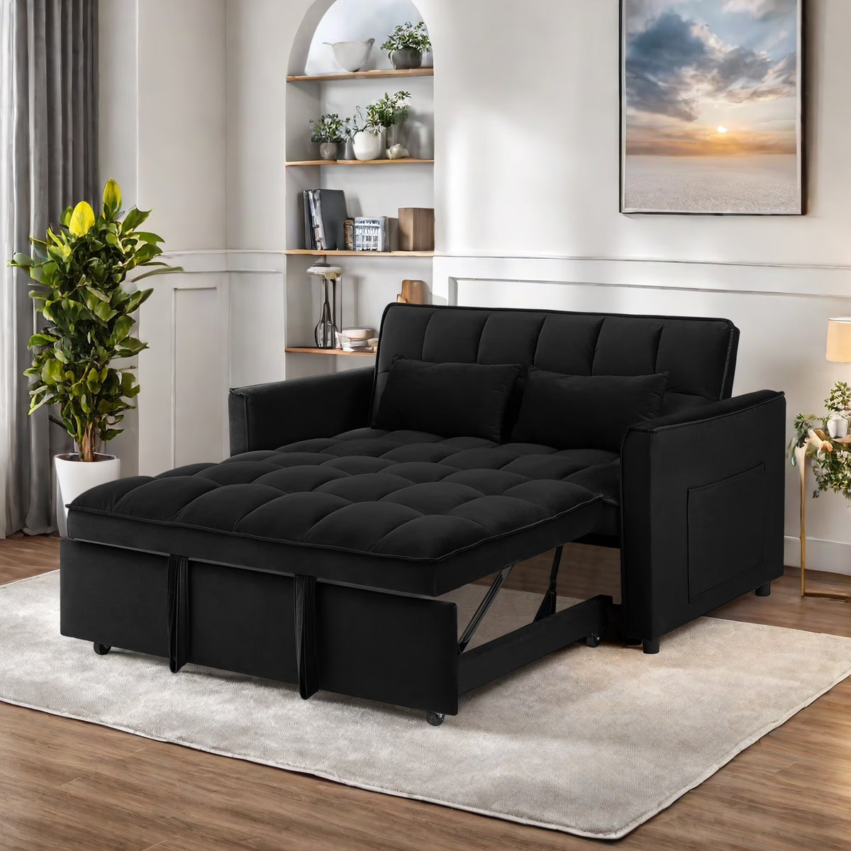 Convertible Sofa Bed, 3 - in - 1 Sleeper Sofa with Pull Out Bed, Sleeper Futon Couch Loveseat with Adjsutable Backrest and Pillows for Living Room, Black