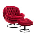 Swivel Accent Chair with Ottoman, Velvet Single Sofa Reading Chair with Metal Frame, Modern Tufted Armchair Comfy Lounge Chairs with Footrest for Living Room, Bedroom, Office, Red